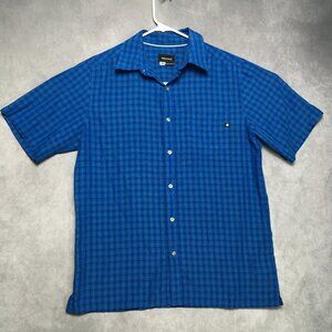 Marmot Mens Shirt size Medium Short Sleeve Button Up Blue Plaid Pocket Polyester